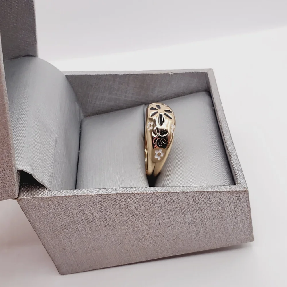 Yellow Gold Plated Floral Flower Enamel Dome Ring